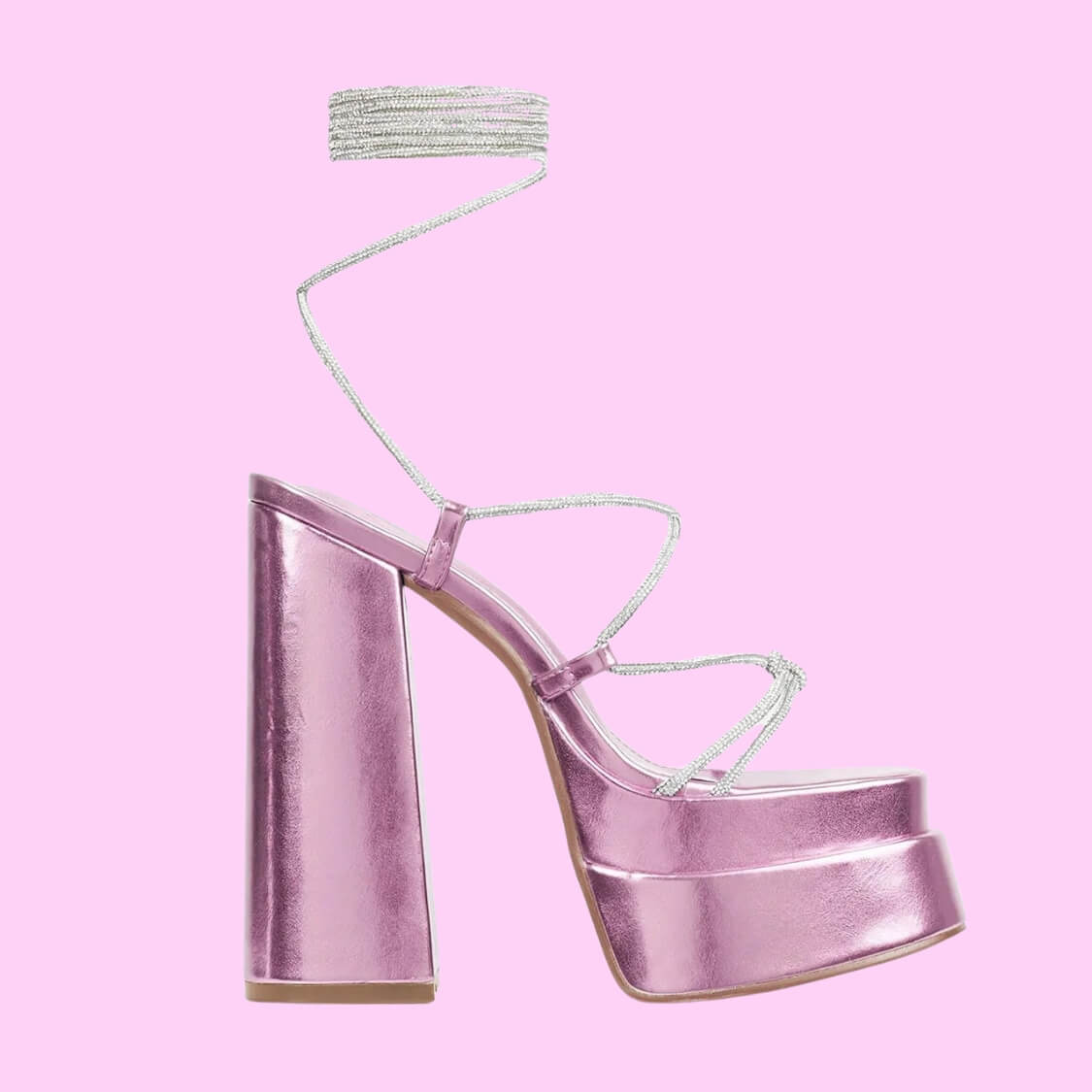 Rhinestone Strap Lace Up Heels Lilac