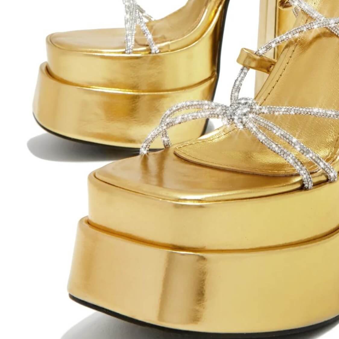 Rhinestone Strap Lace Up Heels Gold