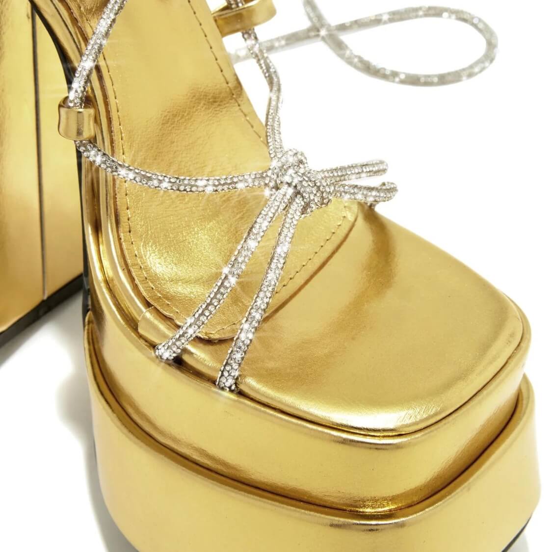 Rhinestone Strap Lace Up Heels Gold