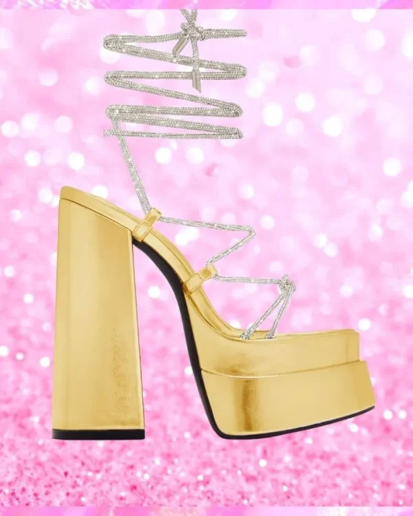 Rhinestone Strap Lace Up Heels
