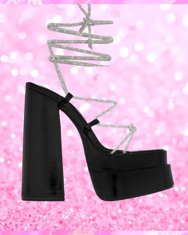 Rhinestone Strap Lace Up Heels