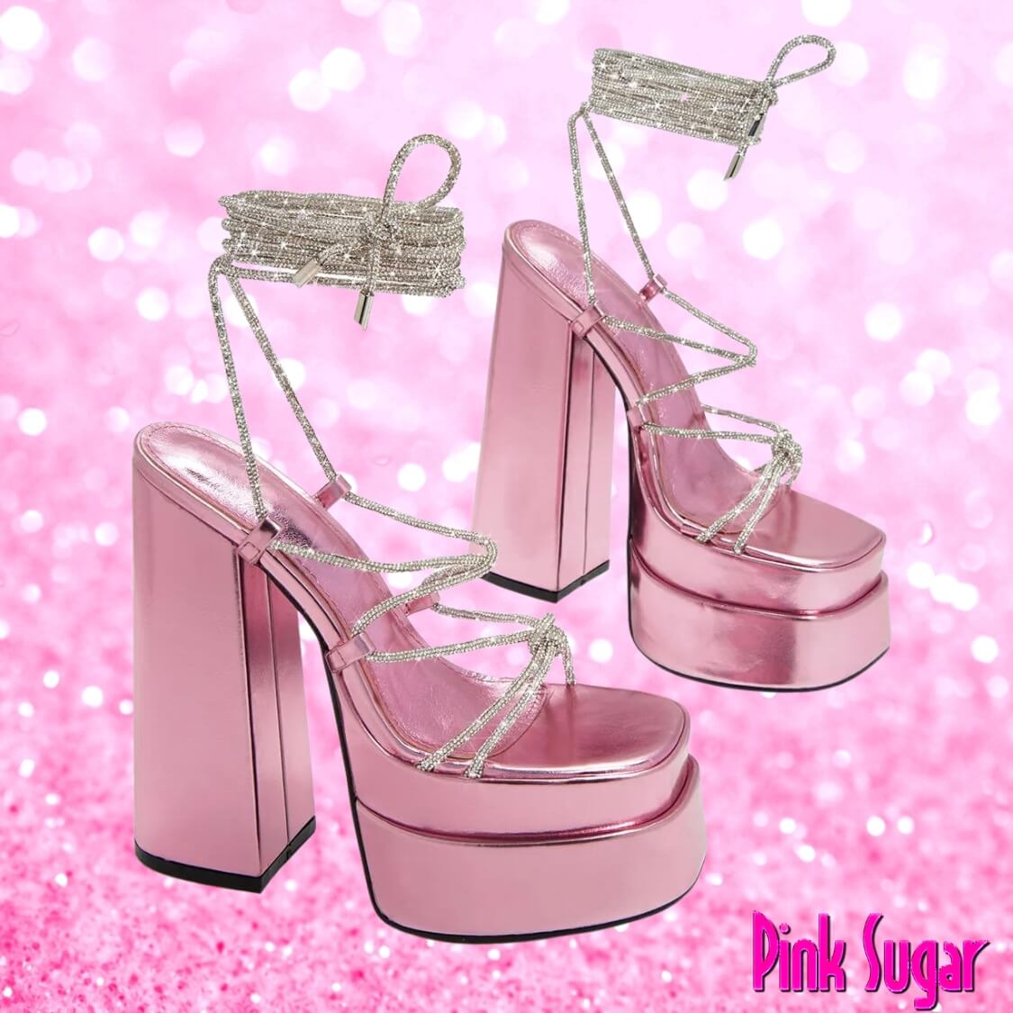Rhinestone Strap Lace Up Heels Lilac