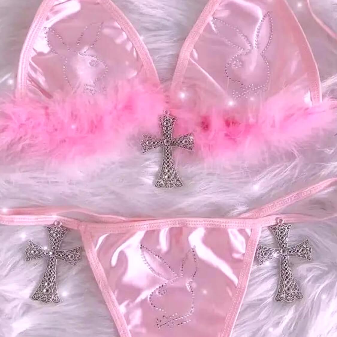 Crystal Bunny Pink Feather Beach Party Thong Bikini 