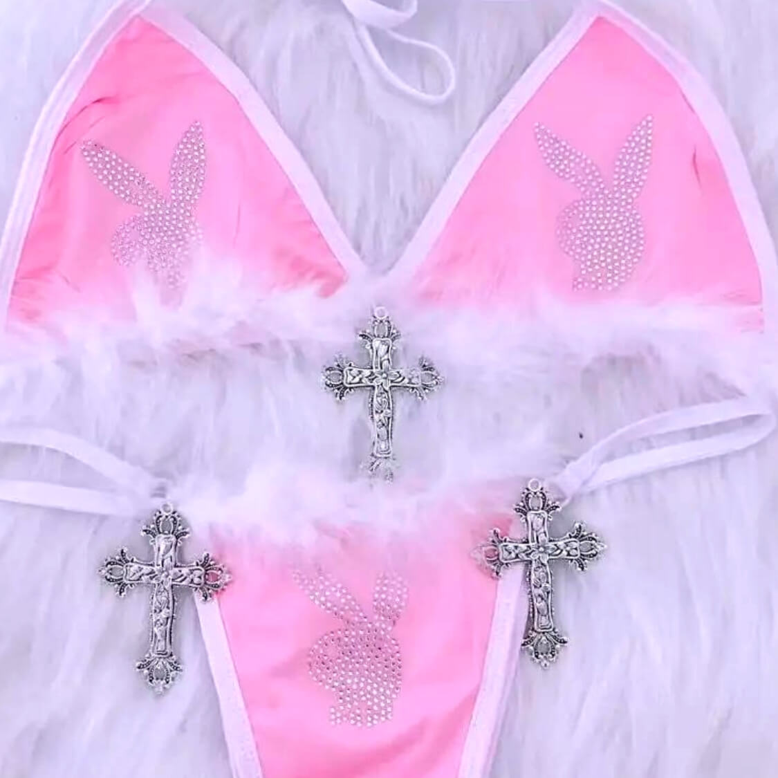 Crystal Bunny Feather Beach Party Thong Bikini