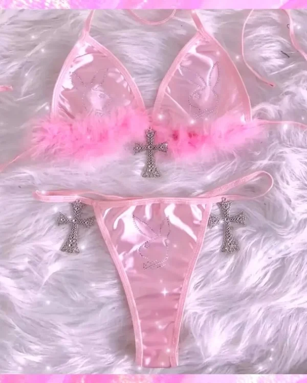 Crystal Bunny Pink Feather Beach Party Thong Bikini