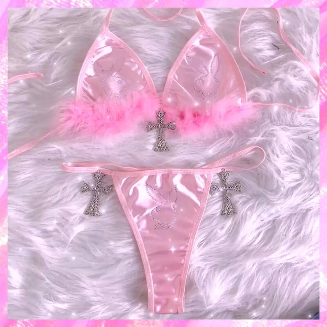Crystal Bunny Pink Feather Beach Party Thong Bikini 