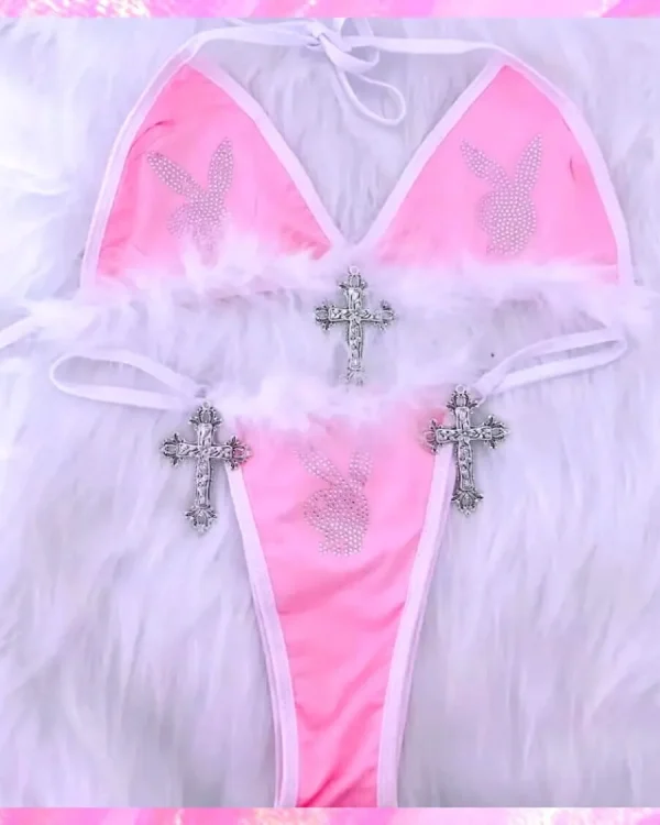 Crystal Bunny Feather Beach Party Thong Bikini