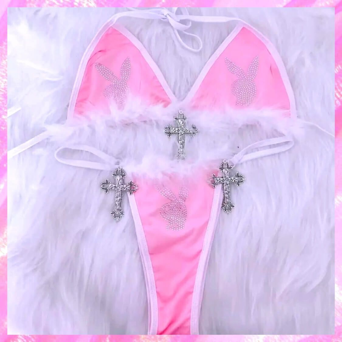 Crystal Bunny Feather Beach Party Thong Bikini