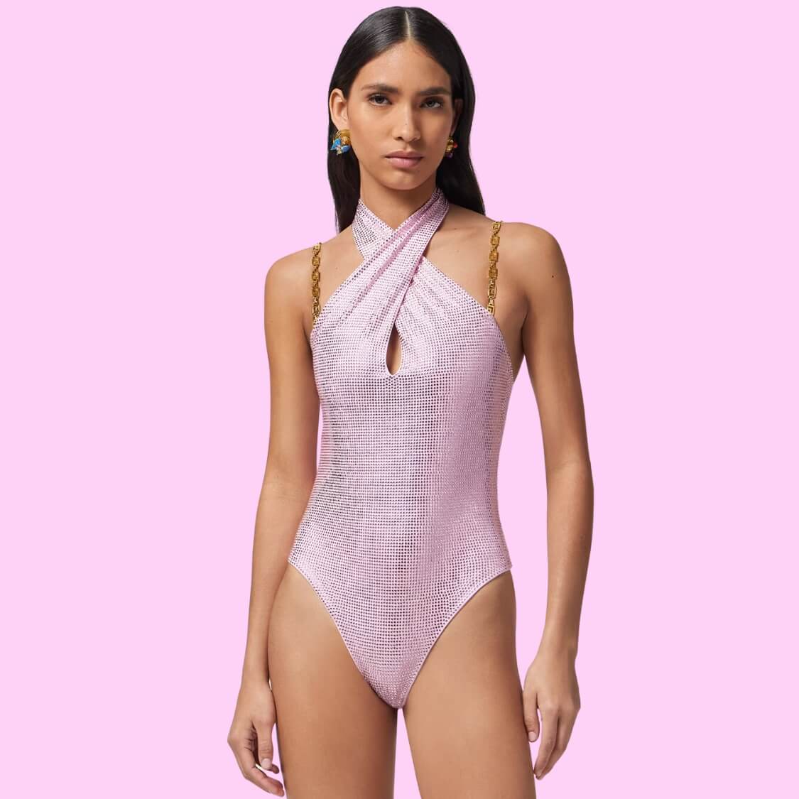 Glitter Greca Chain Swimsuit Bodysuit Pink