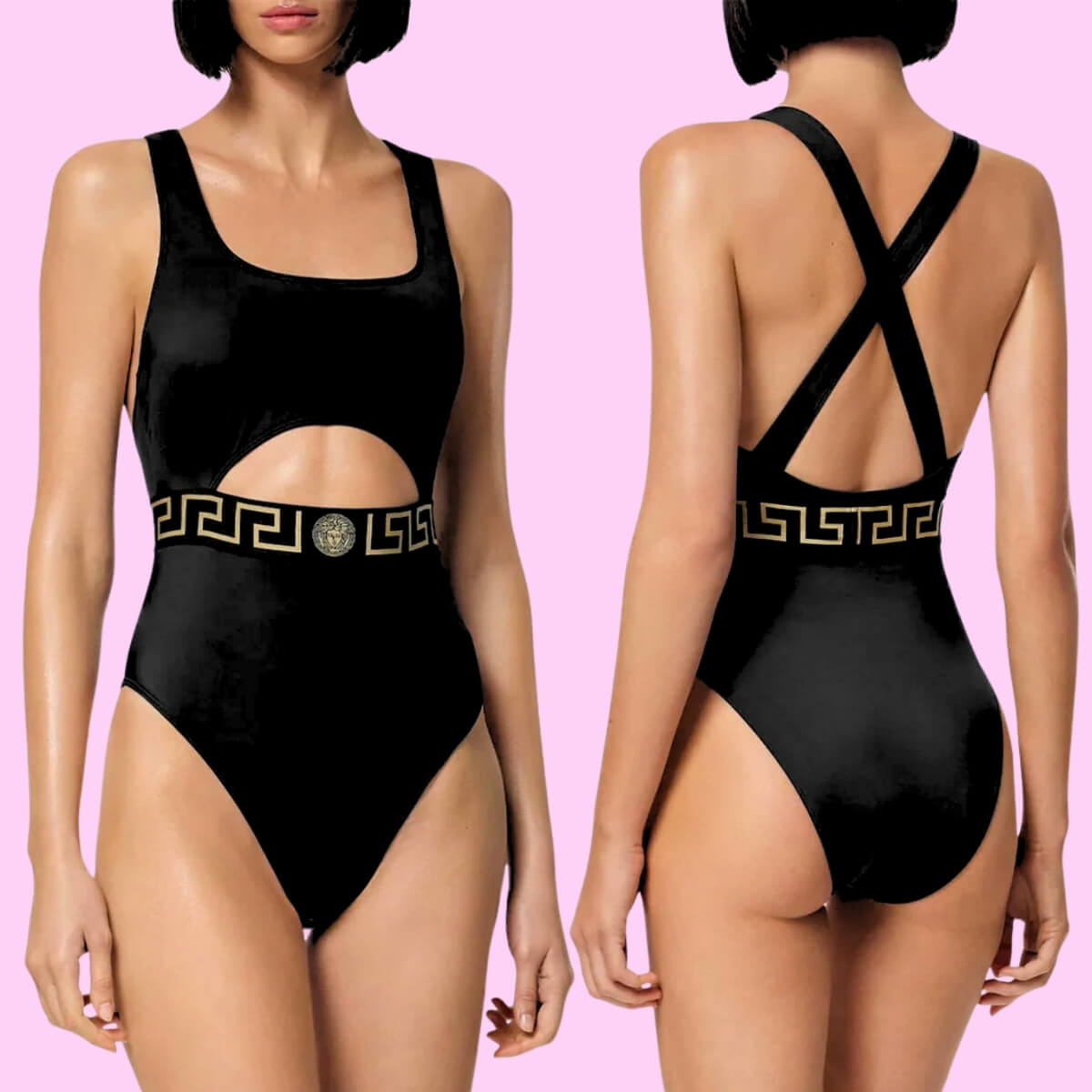 Designer Greca Border One-Piece Swimsuit In Black