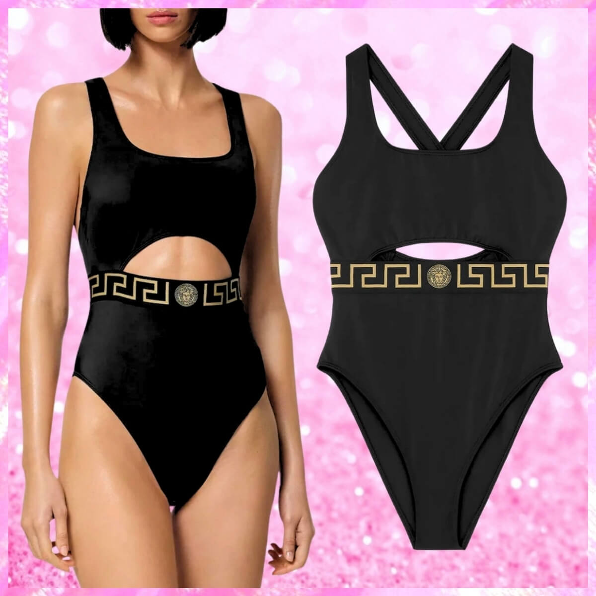 Designer Greca Border One-Piece Swimsuit In Black