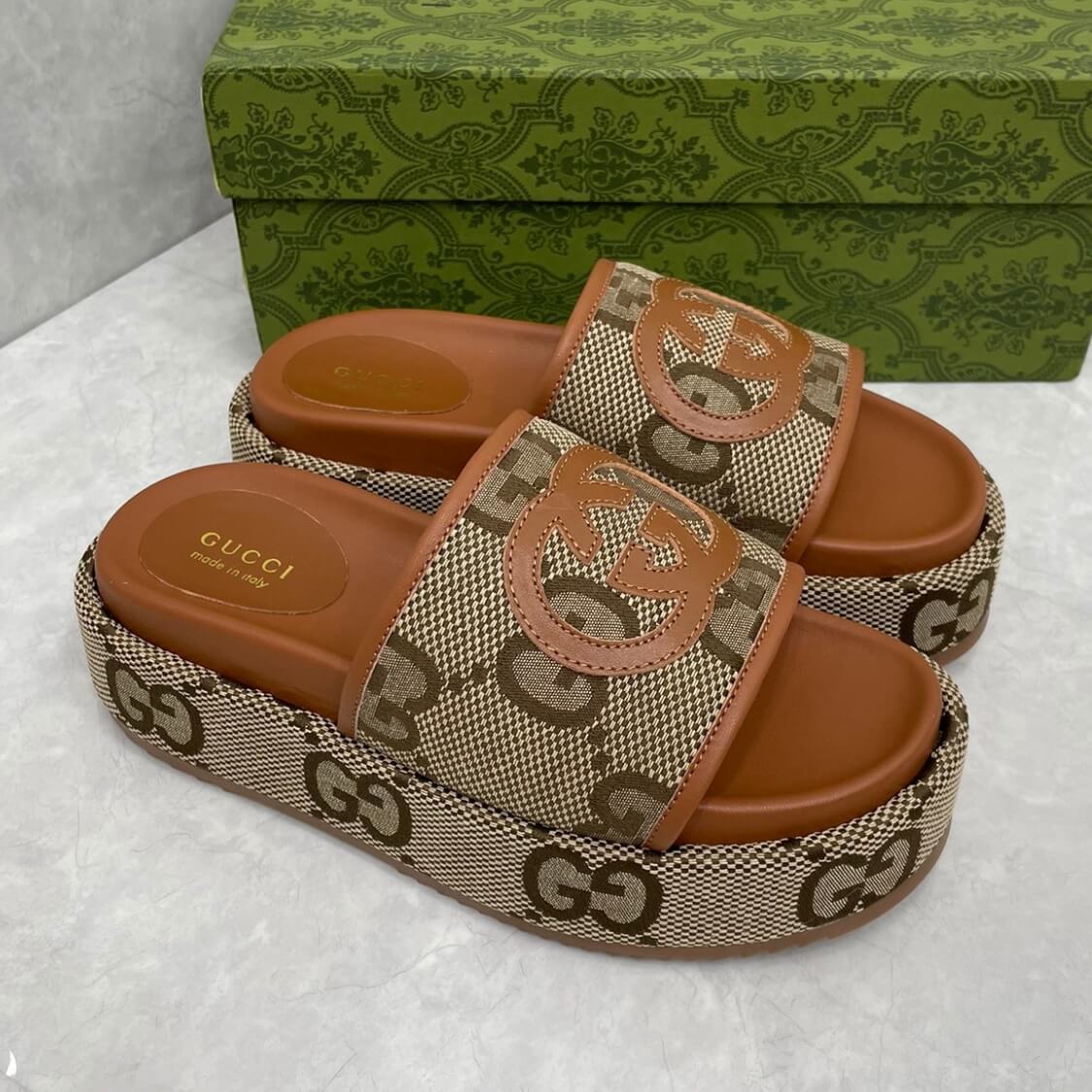 Angelina Monogram Canvas Flatform Sliders 