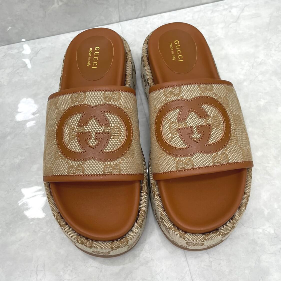 Angelina Monogram Canvas Flatform Sliders