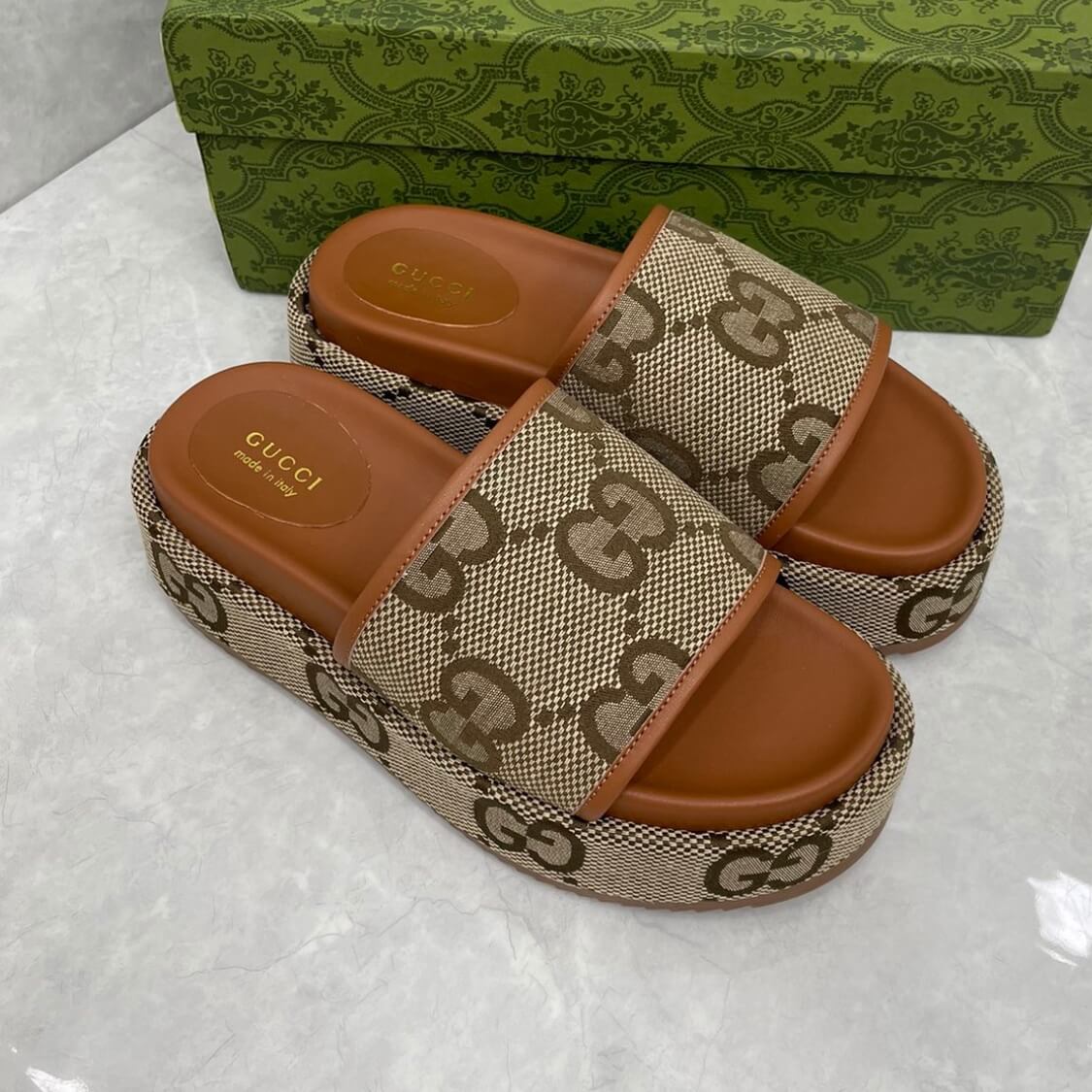 Angelina Monogram Canvas Flatform Sliders