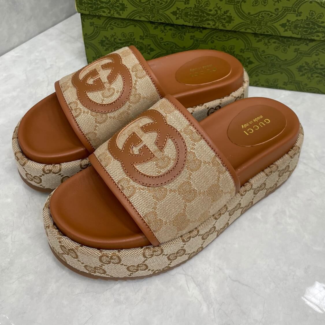 Angelina Monogram Canvas Flatform Sliders