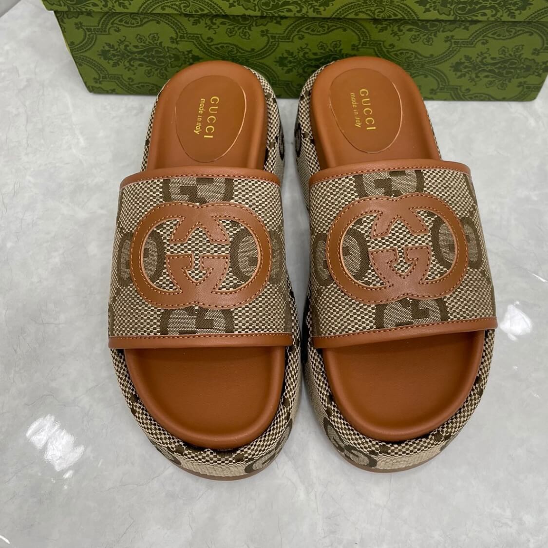 Angelina Monogram Canvas Flatform Sliders 