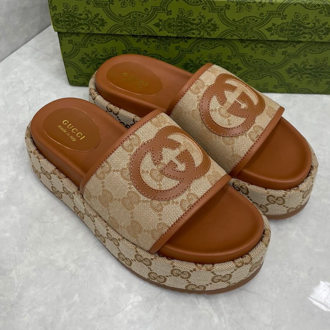 Angelina Monogram Canvas Flatform Sliders