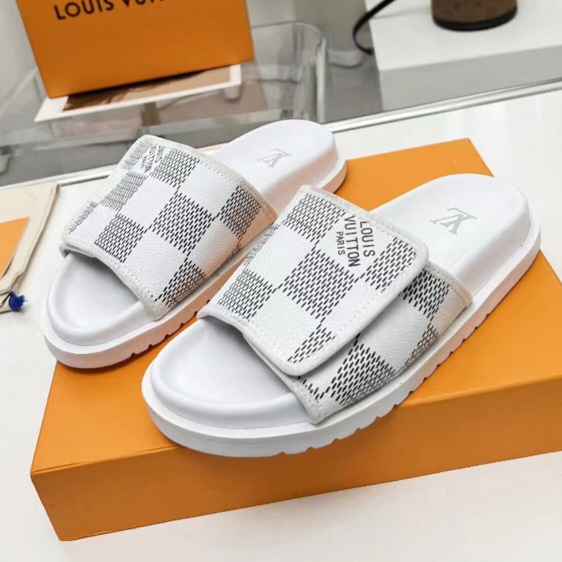 Monogram Adjustable Velcro Strap Slide Sandals
