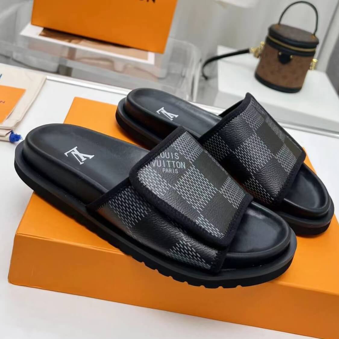 Monogram Adjustable Velcro Strap Slide Sandals 