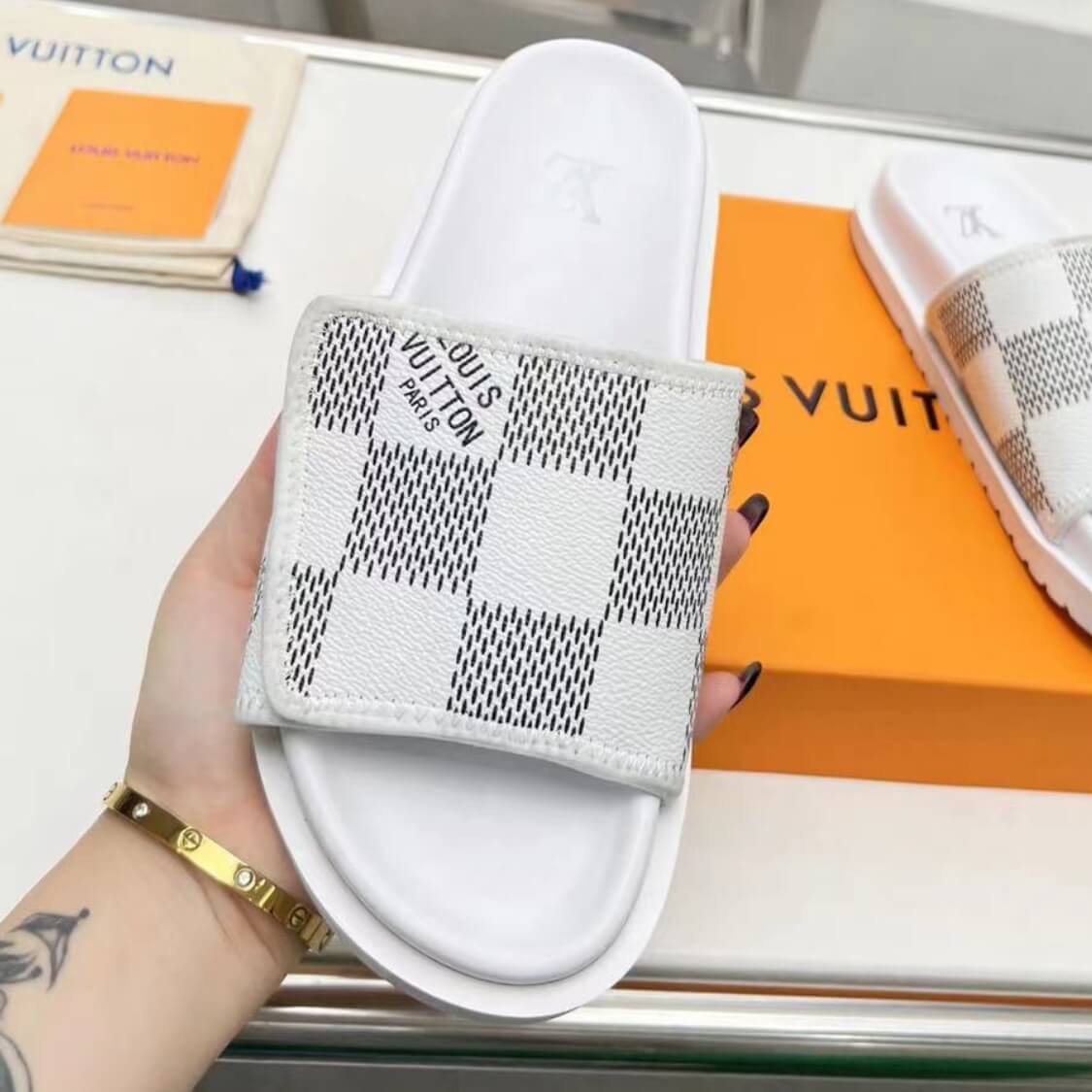Monogram Adjustable Velcro Strap Slide Sandals