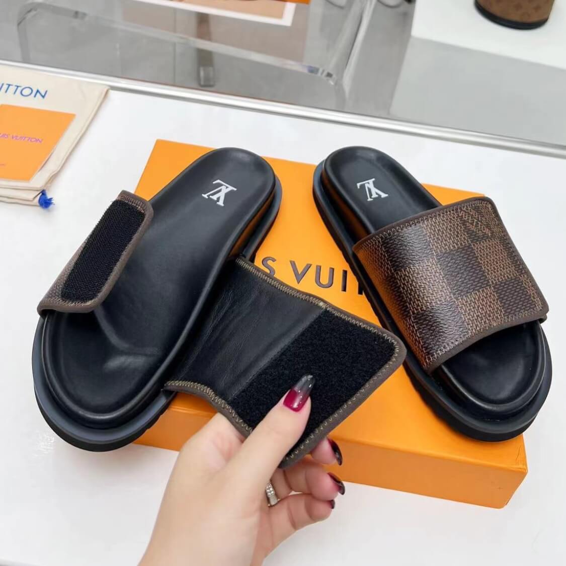 Monogram Adjustable Velcro Strap Slide Sandals