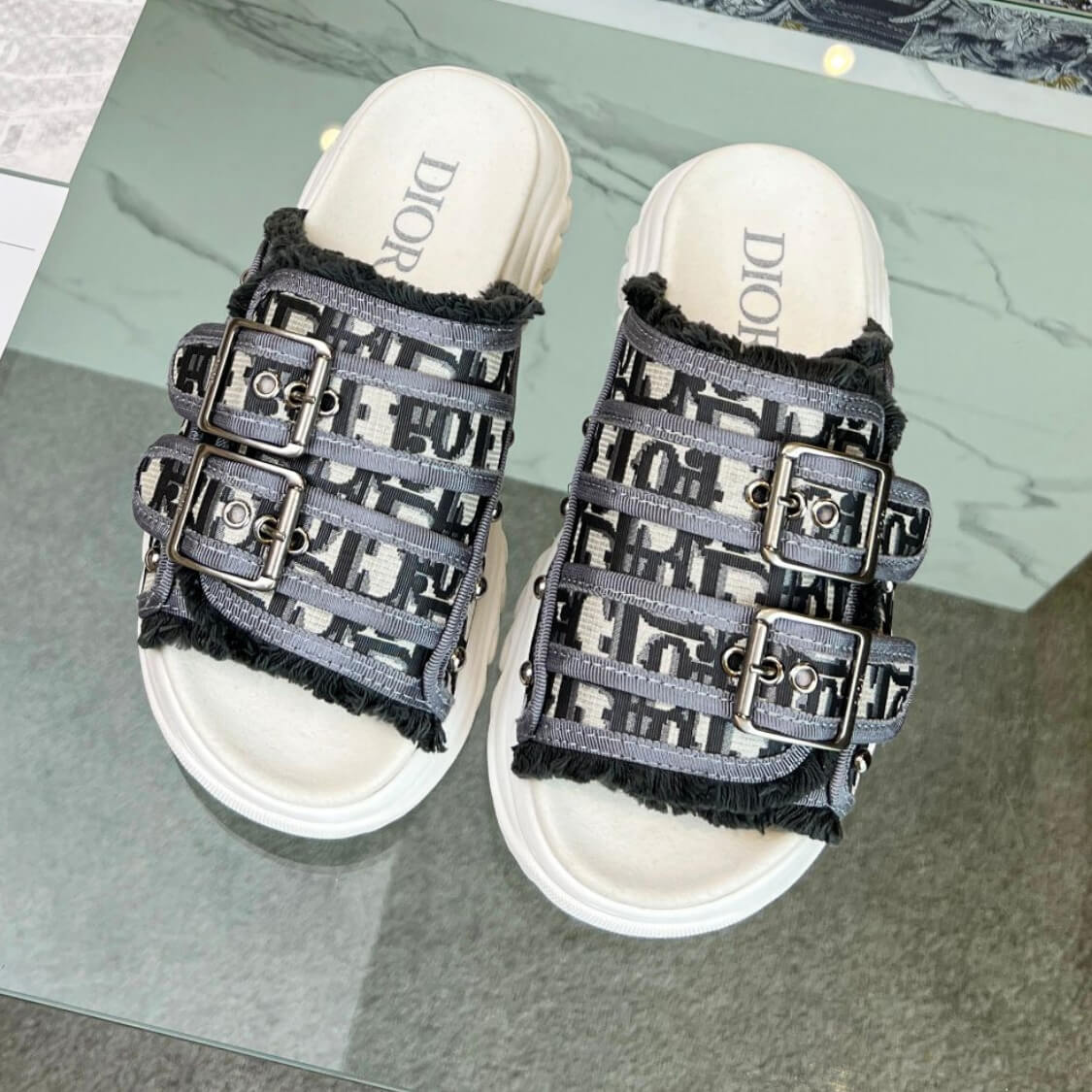 Monogram Buckle Strap Slides 