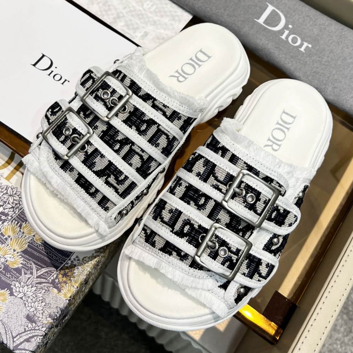 Monogram Buckle Strap Slides 