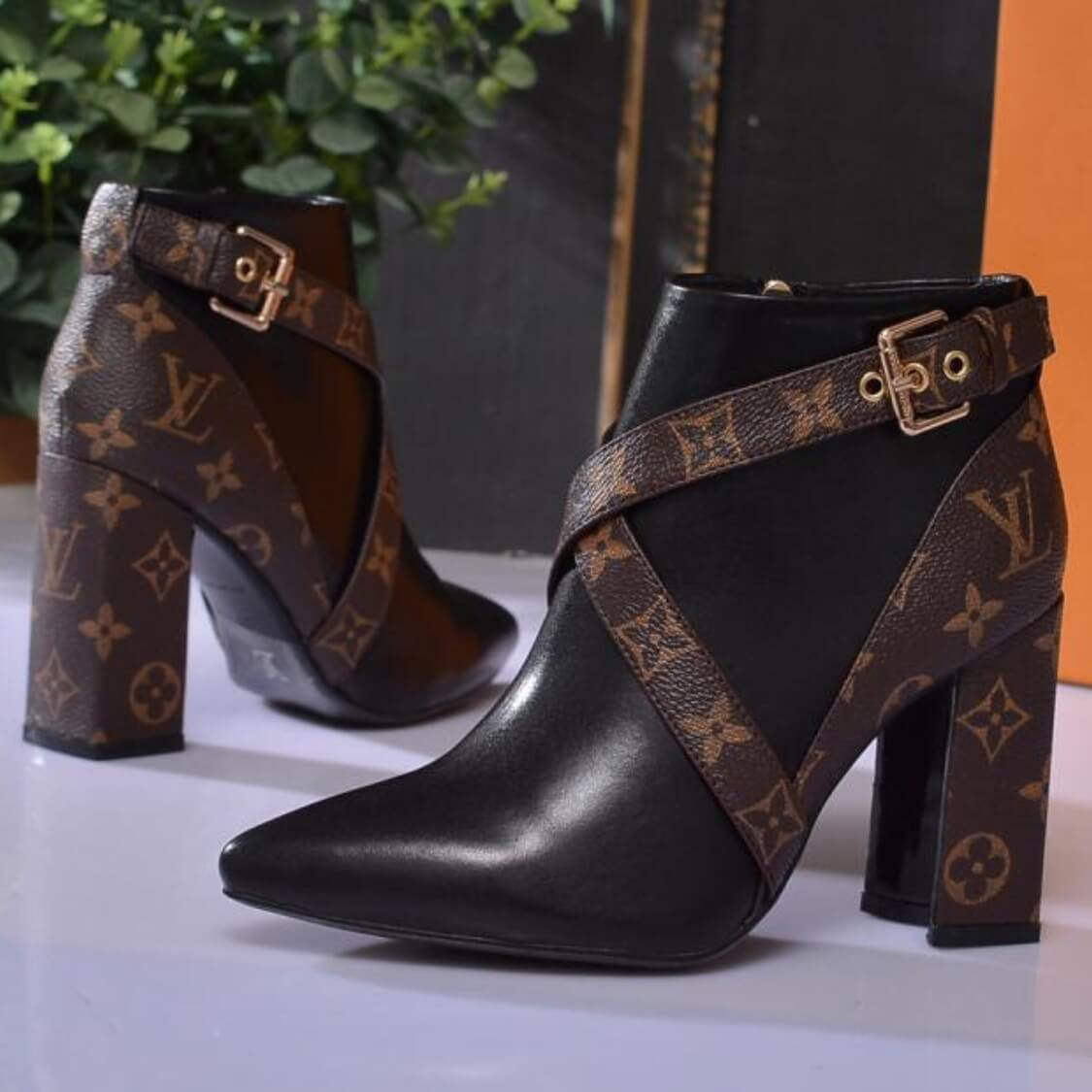 Monogram Cross Strap Mid High Ankle Boots