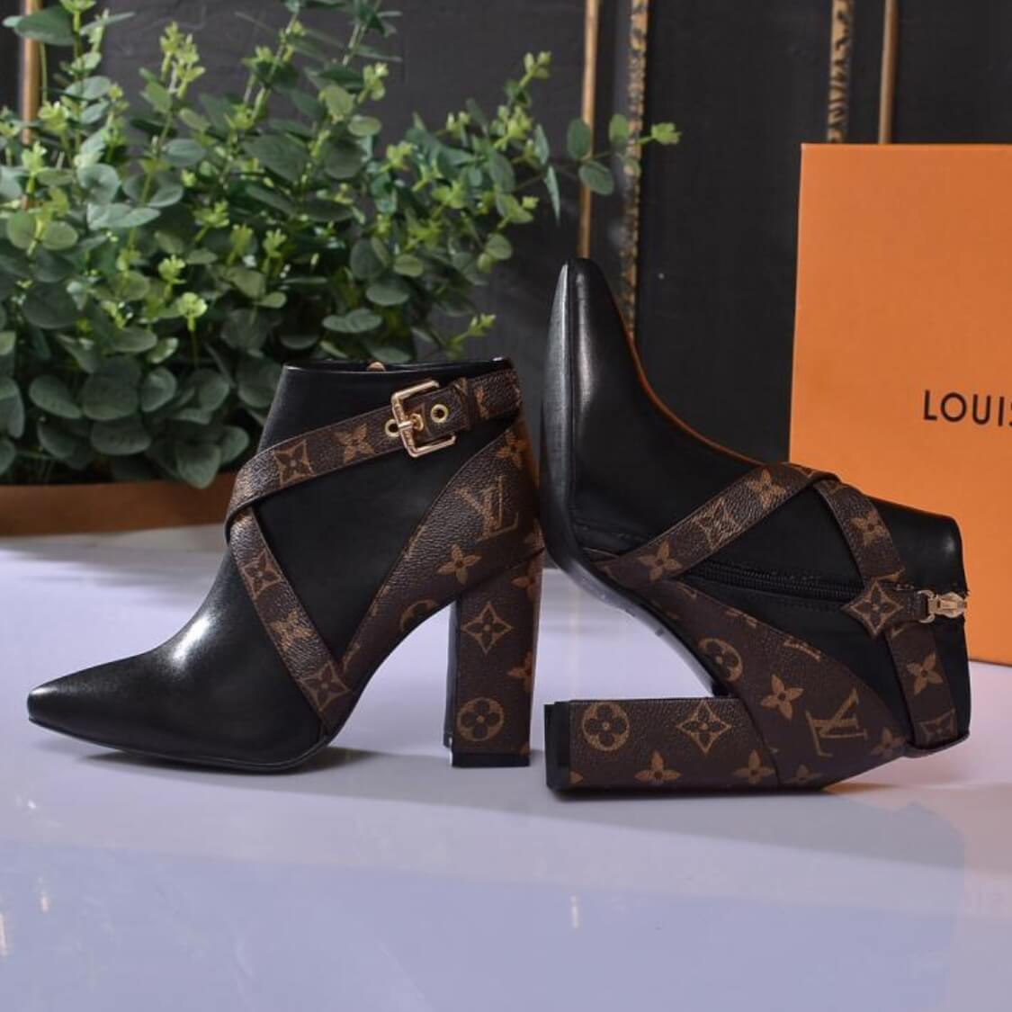 Monogram Cross Strap Mid High Ankle Boots