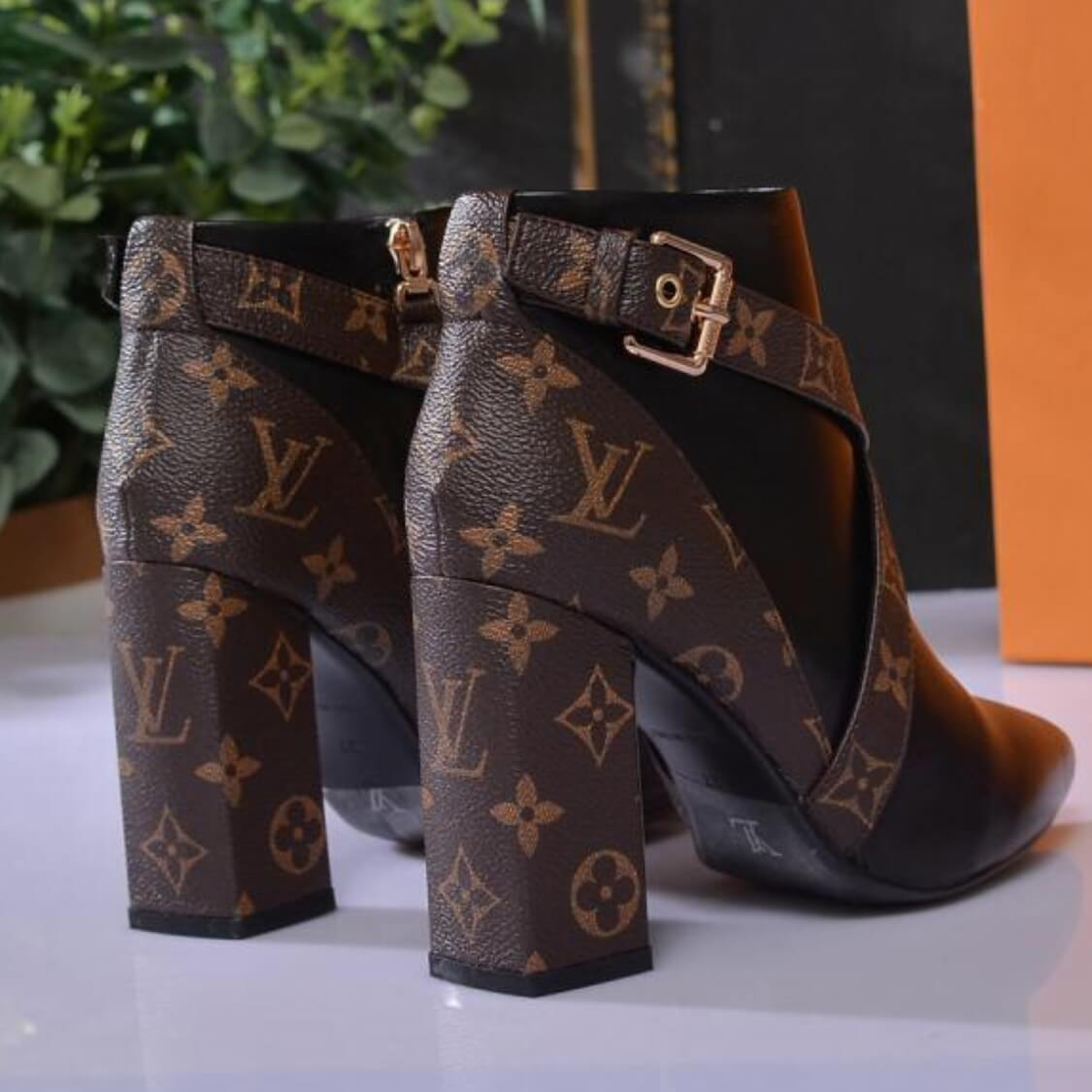 Monogram Cross Strap Mid High Ankle Boots