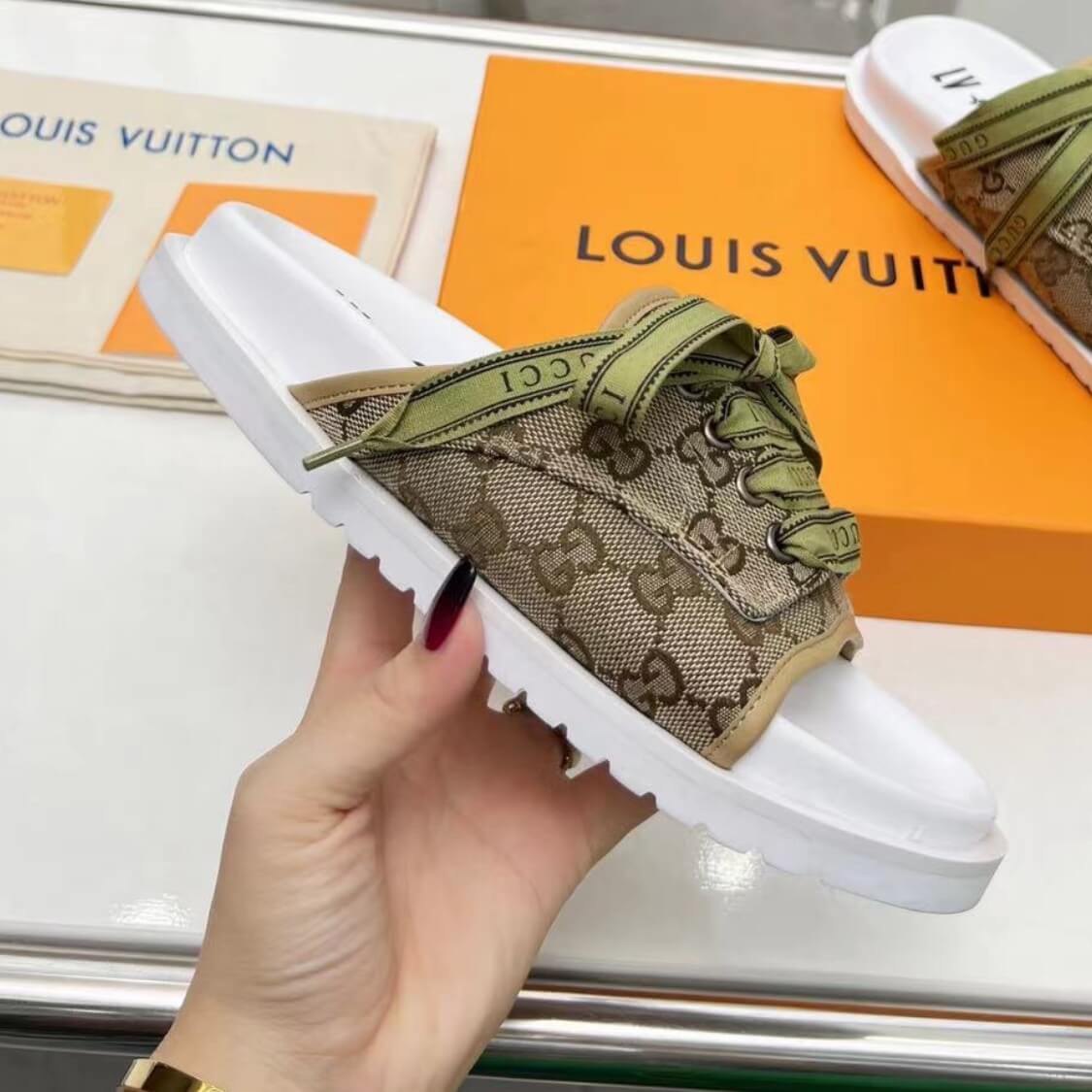 Monogram Lace Up Slide Mule Sandals