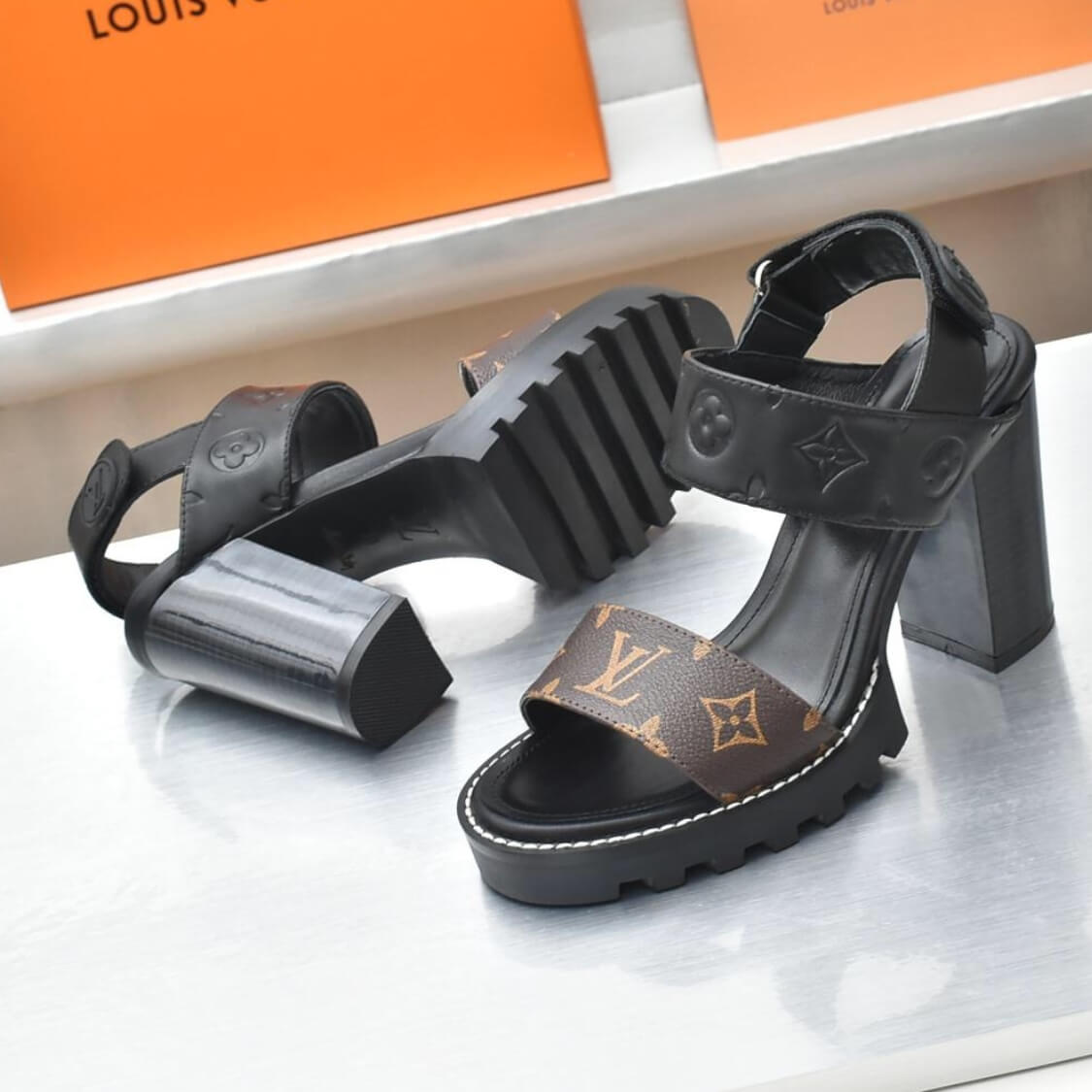 Monogram Open Toe Block Heels