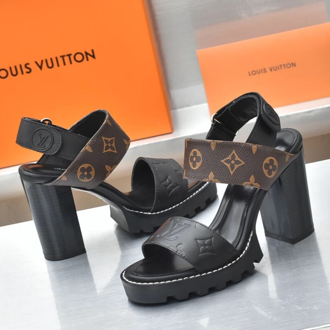Monogram Open Toe Block Heels 