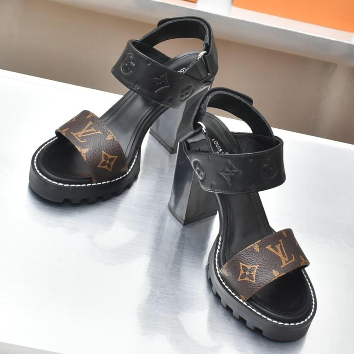 Monogram Open Toe Block Heels