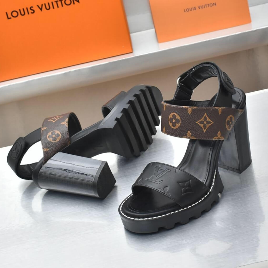 Monogram Open Toe Block Heels 