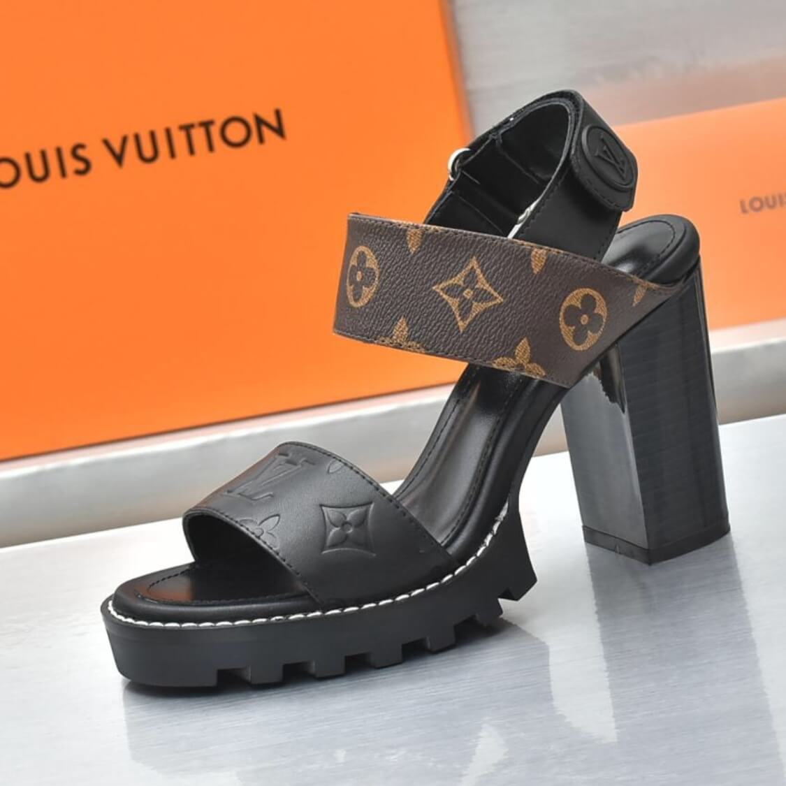Monogram Open Toe Block Heels 