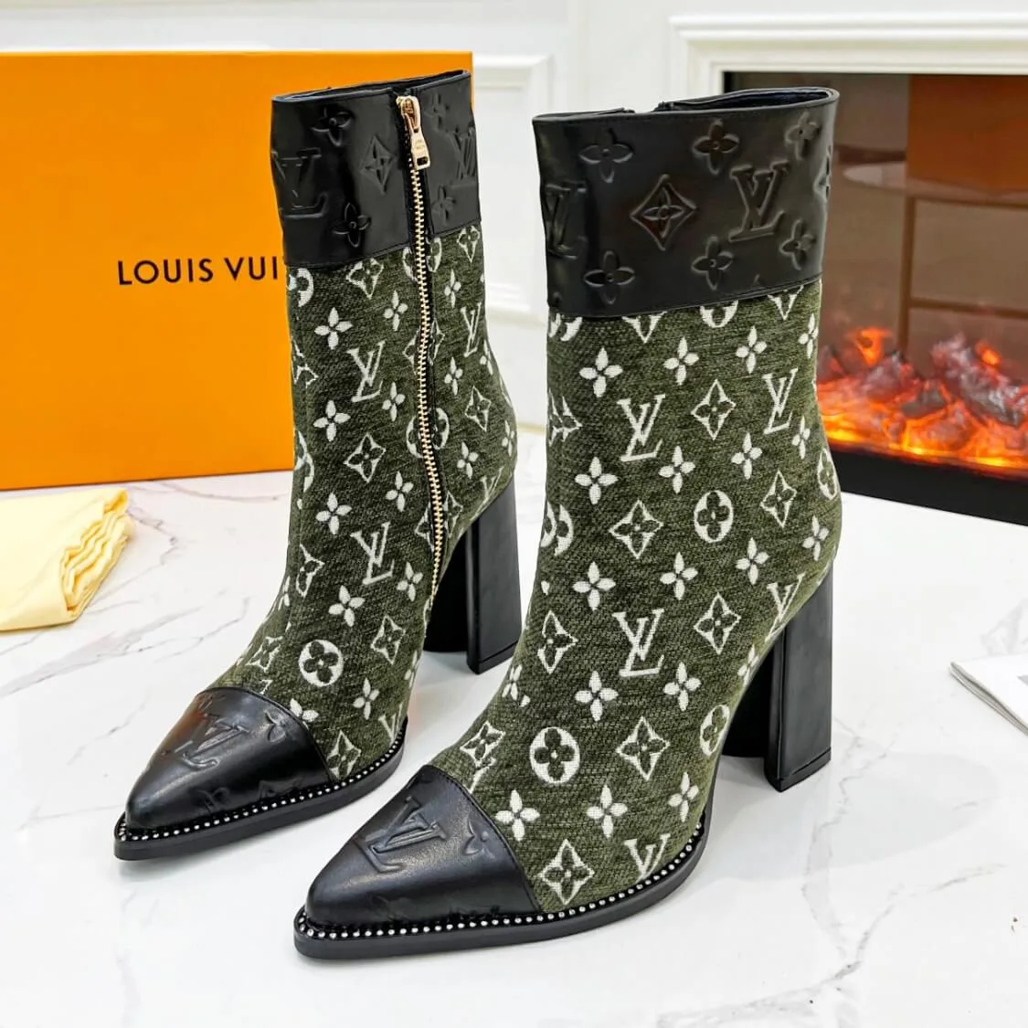 Monogram Pointed Leather Fabric Boots