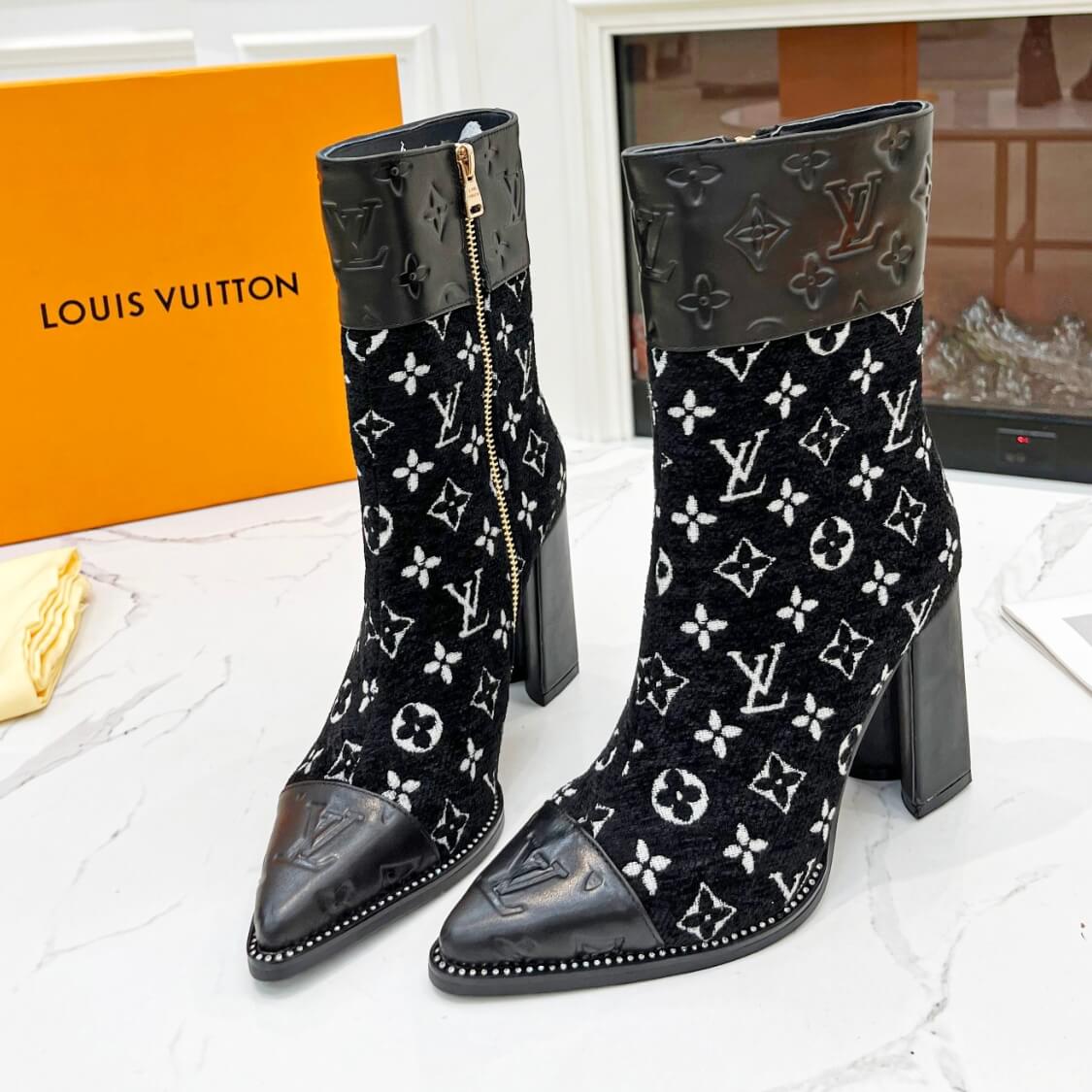 Monogram Pointed Leather Fabric Boots