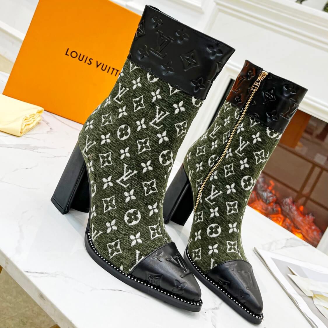 Monogram Pointed Leather Fabric Boots