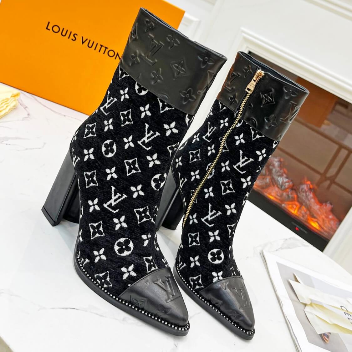 Monogram Pointed Leather Fabric Boots