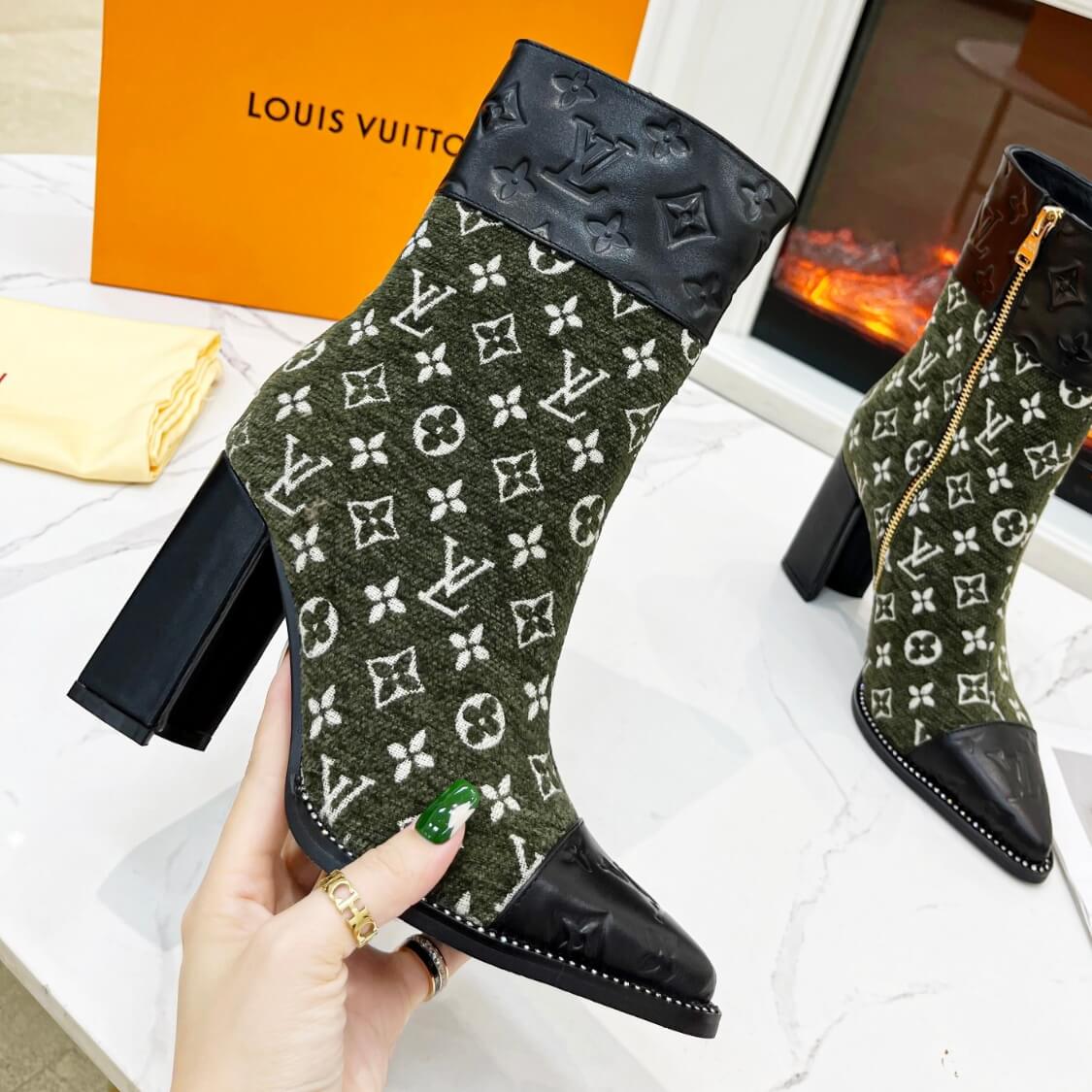 Monogram Pointed Leather Fabric Boots