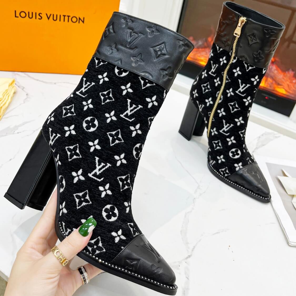Monogram Pointed Leather Fabric Boots