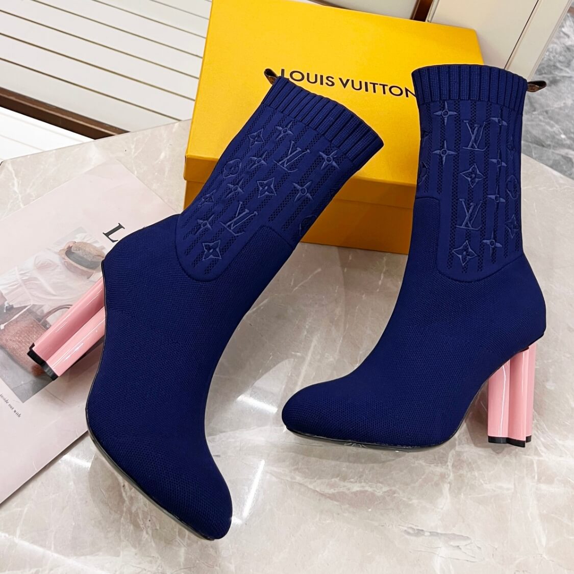 Pink Heel Stretch Fabric Silhouette Ankle Boots Navy