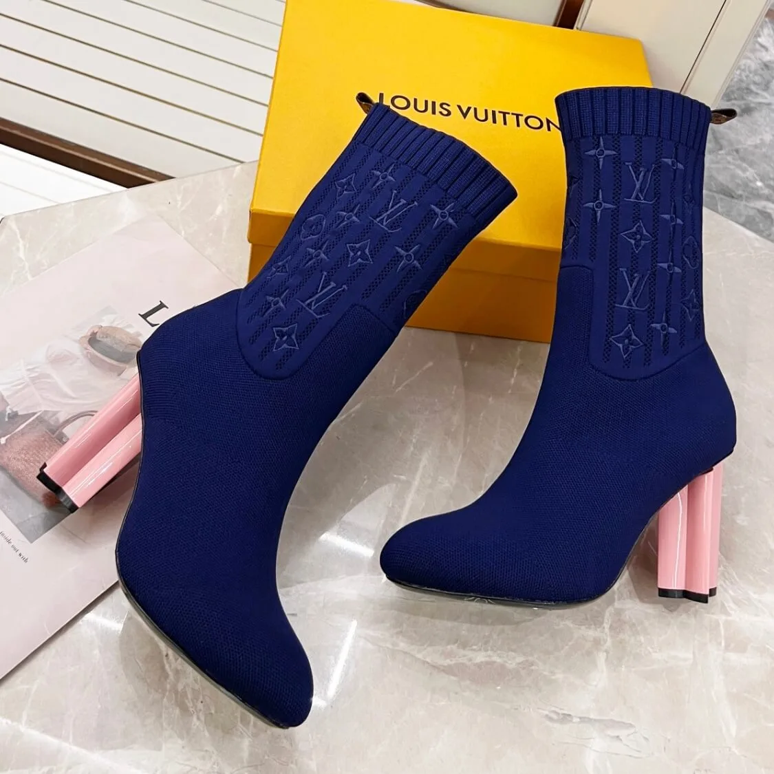 Pink Heel Stretch Fabric Silhouette Ankle Boots Navy