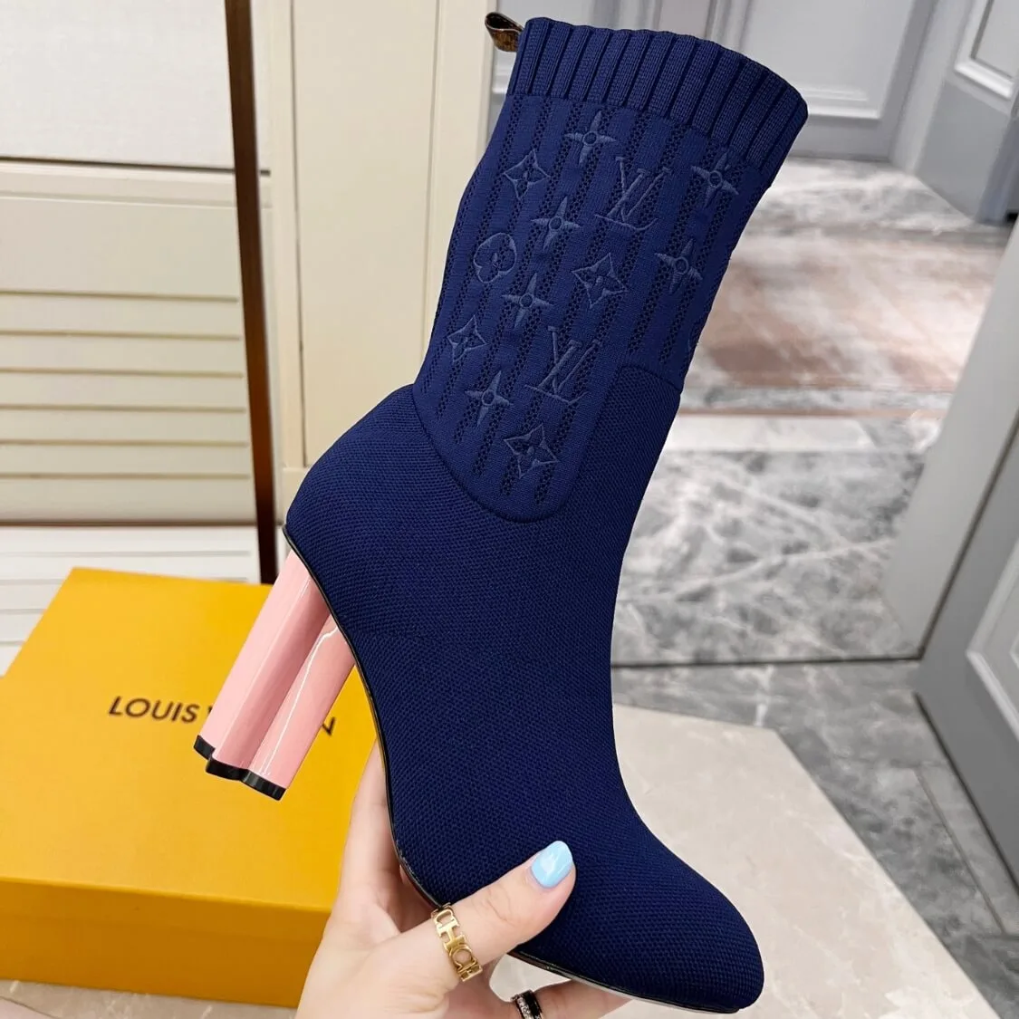 Pink Heel Stretch Fabric Silhouette Ankle Boots Navy
