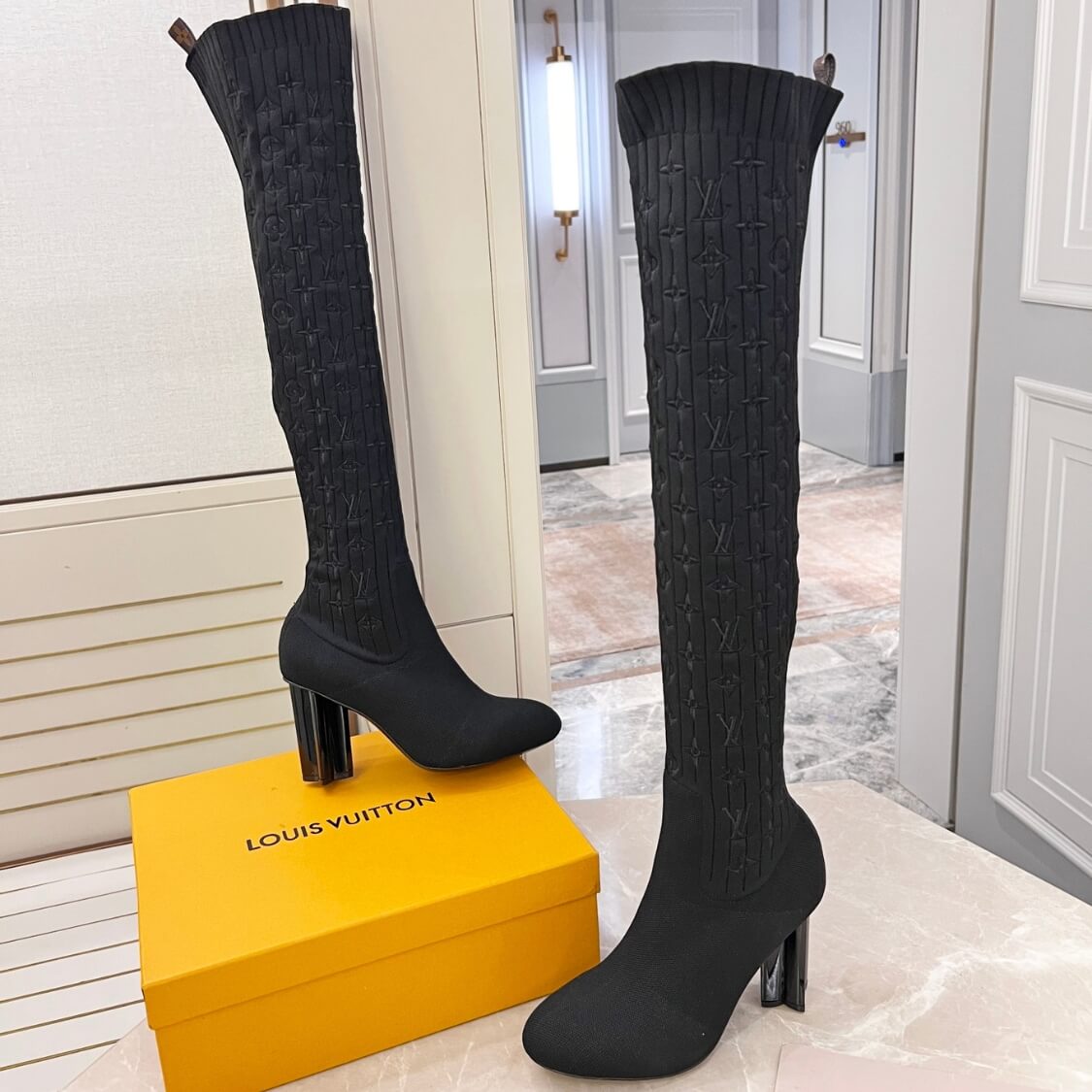 Stretch Fabric Silhouette Over Knee Boots