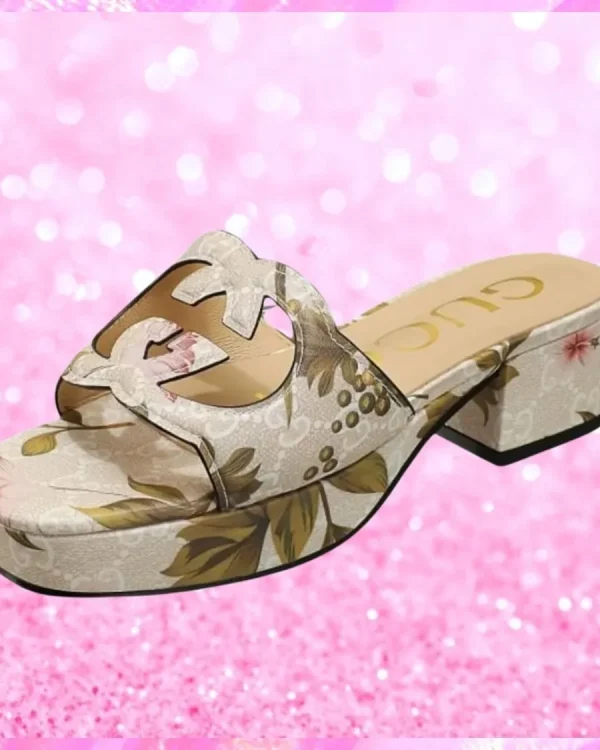 Cut Out Floral Web Logo Mule Sandals In Beige