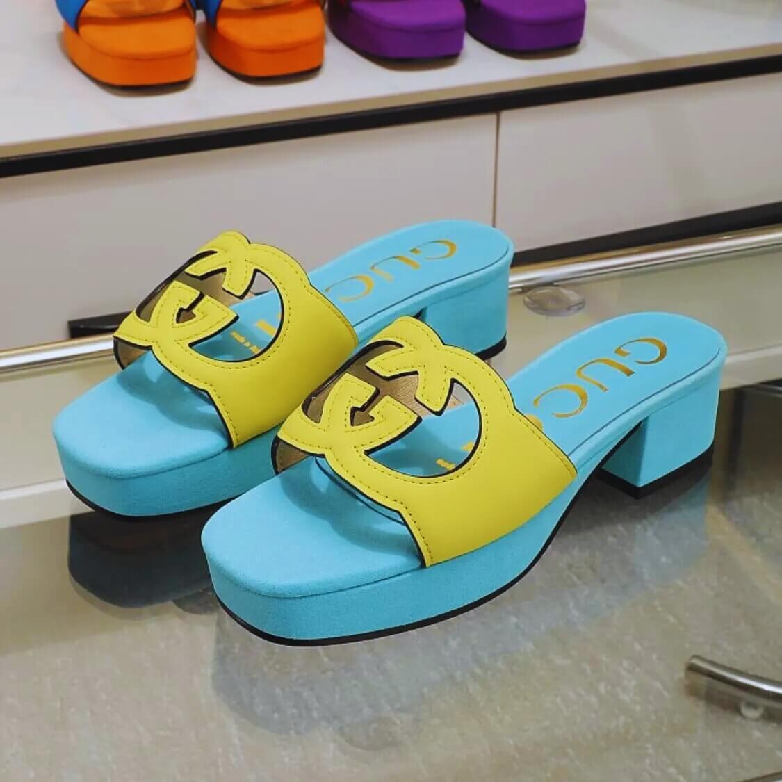 Cut Out Logo Mule Sandals In Blue/Yellow