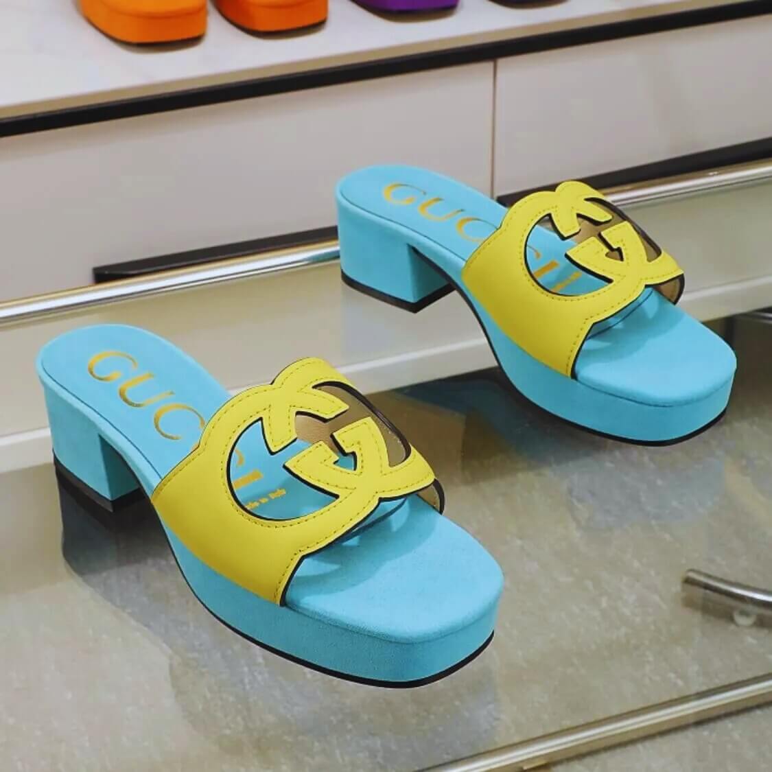 Cut Out Logo Mule Sandals In Blue/Yellow