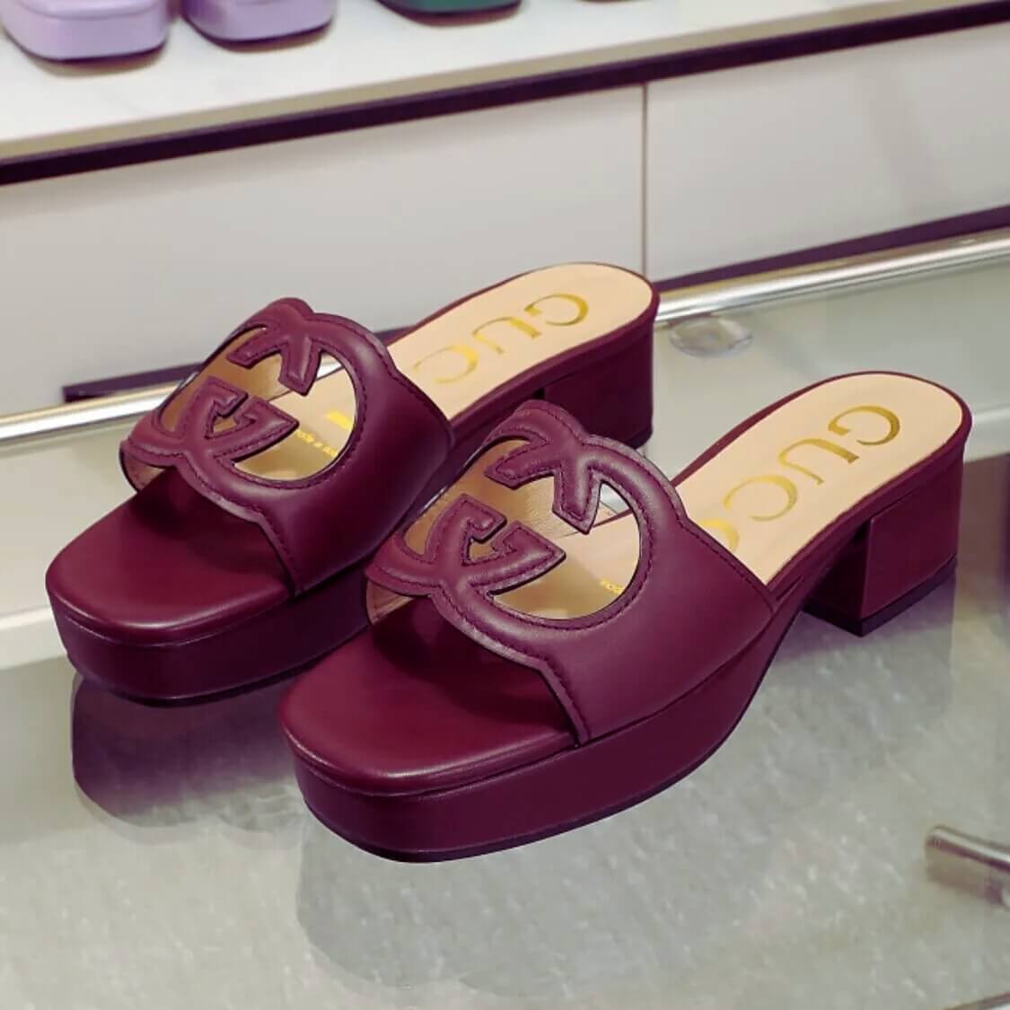 Cut Out Logo Mule Sandals In Deep Burgundy